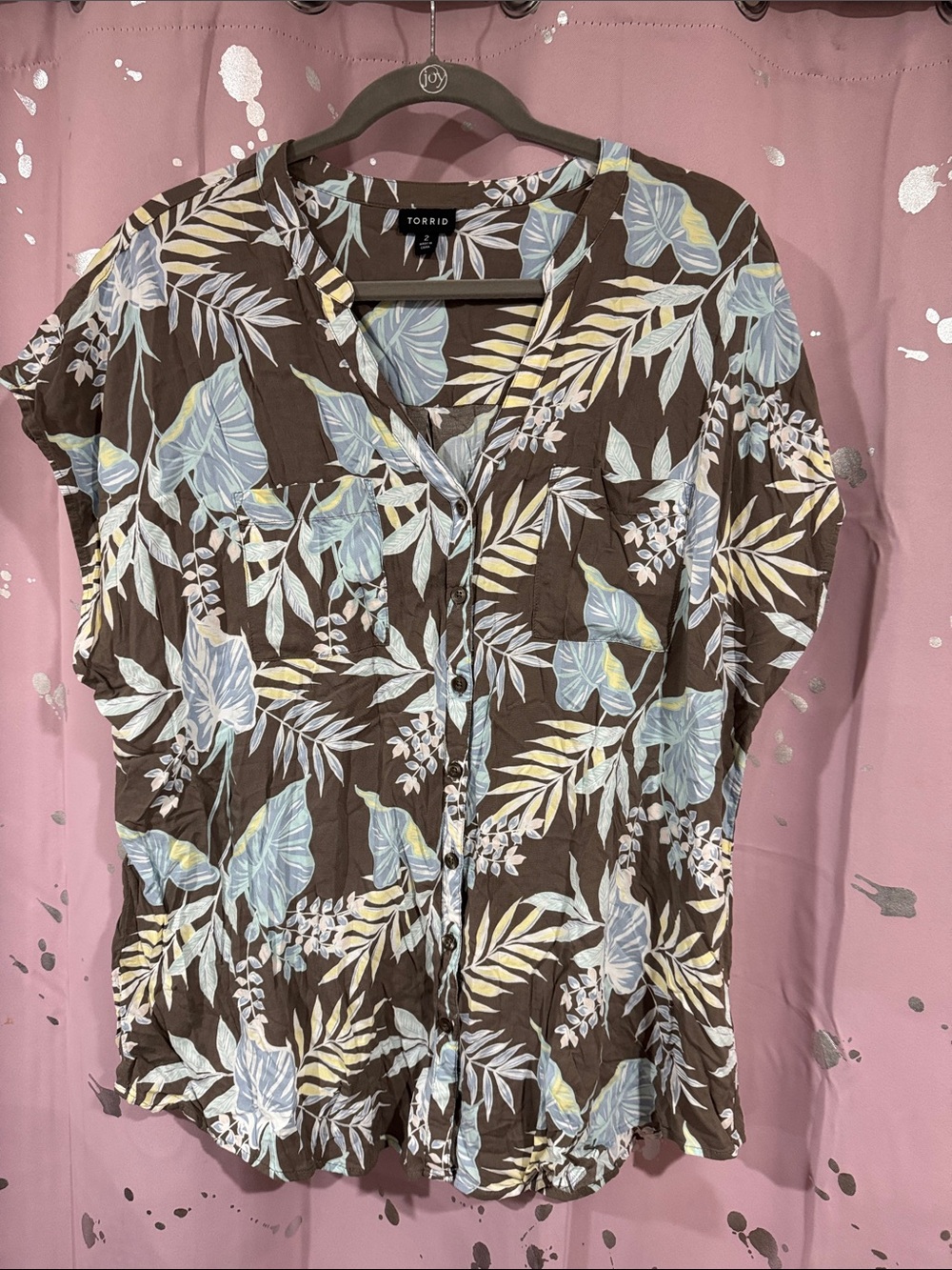 torrid Brown Leaf Print Button-Up Blouse with Blue & Yellow Leaves